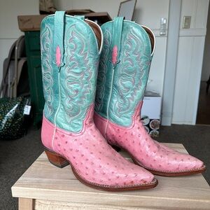 Tony Lama Pink and turquoise cowboy ostrich boots 8.5